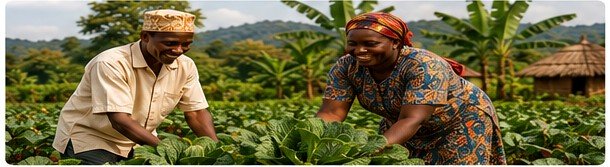Ugandan farmers working in a vegetable field